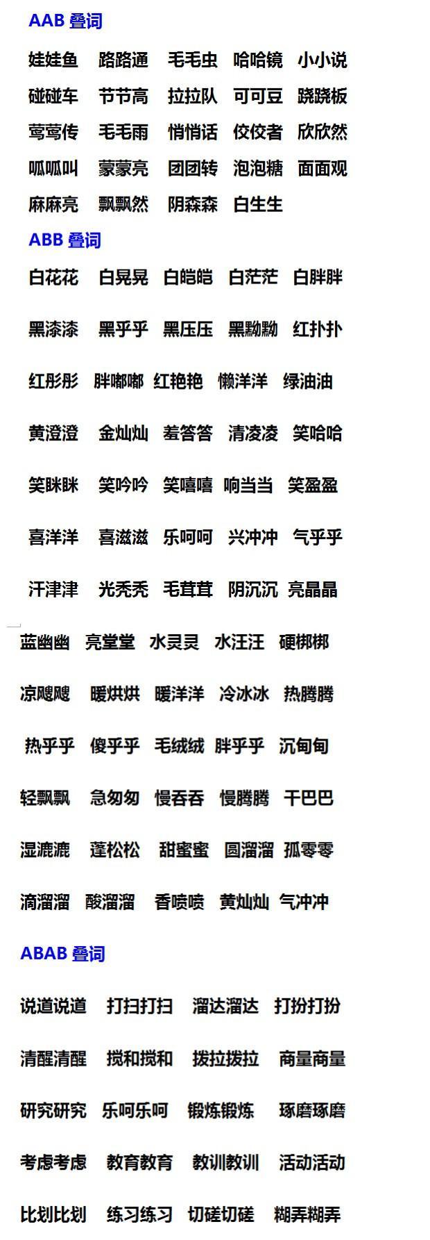 小学语文“叠词”汇总,AAB、ABB、ABAB、ABCC,快为孩子收藏|收藏|叠词|语文_新浪新闻