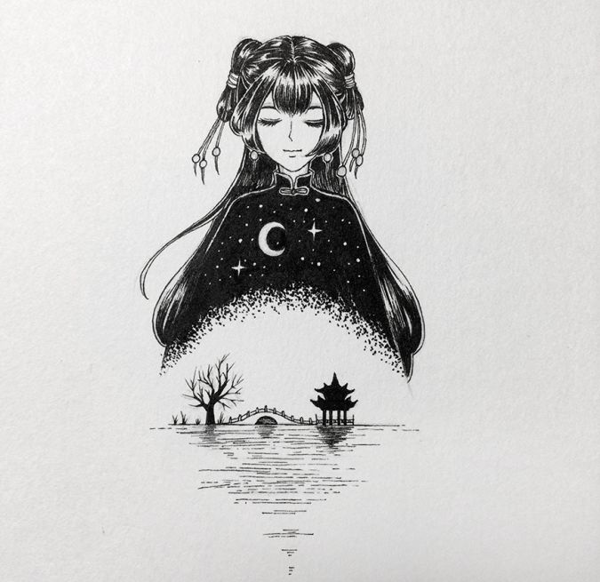 针管笔教程手绘古风美女画一张做书签简直不能再完美啦