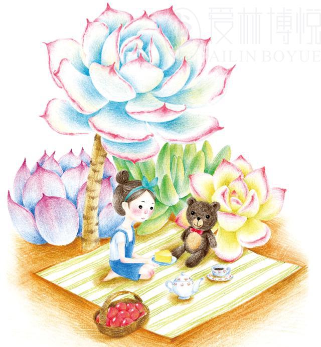 彩铅绘制美少女和多肉结合的唯美插画,将是一种什么样的效果?