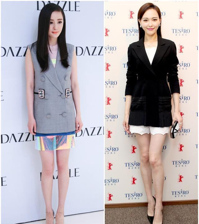 杨幂利用无肩设计的衣服搭凉鞋,视觉上很显腿长哦,唐嫣利用黑色西装