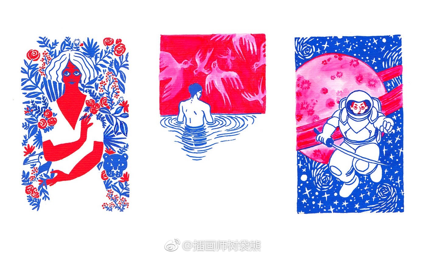 法国插画师elo07seheinzer红蓝色记忆插画设计作品有趣的红蓝搭配