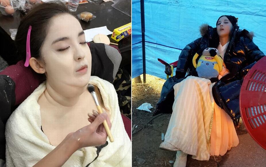 是在拍戏现场,累到虚脱,于是,就没有卸妆也没有换衣服,就这样睡着了