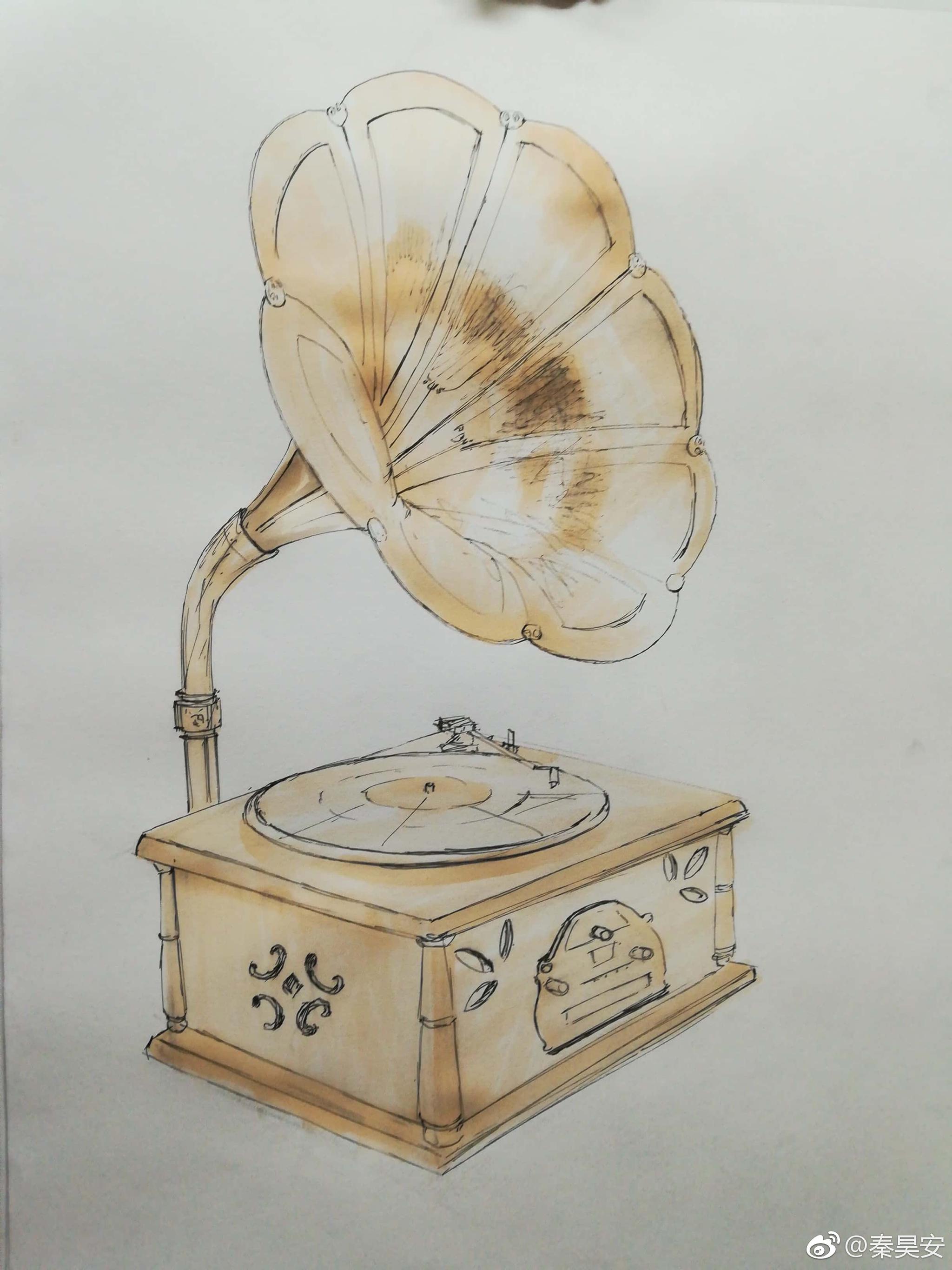 手绘留声机马克笔彩铅针管笔67投稿秦昊安