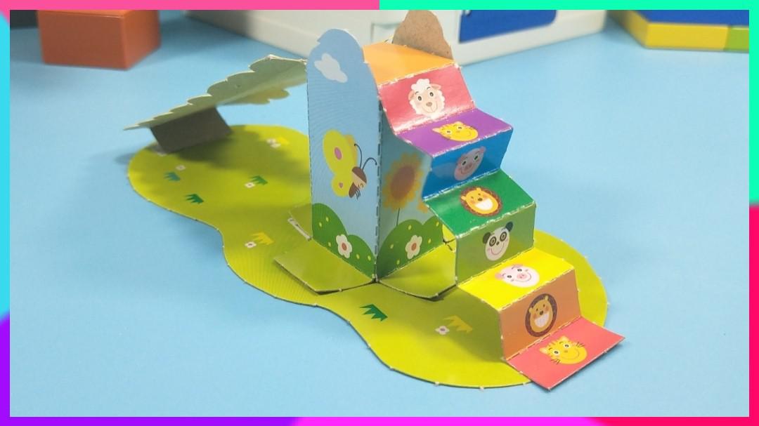创意无剪刀手工折纸:卡通动物滑滑梯,亲子早教益智儿童玩具