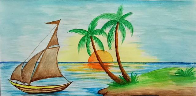 风景水粉画你愿意和我坐上一片小舟飘洋过海吗