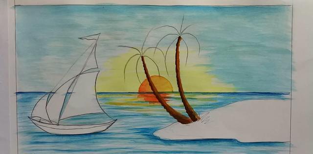 风景水粉画你愿意和我坐上一片小舟飘洋过海吗