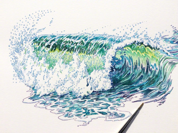 波涛汹涌针管笔水彩作品 插画师noelbadgespugh