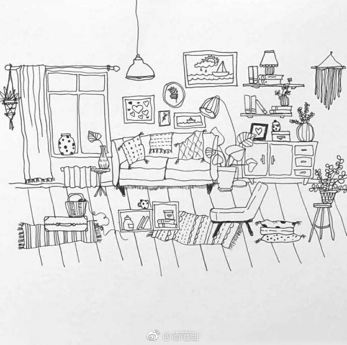 一组手绘场景线描画