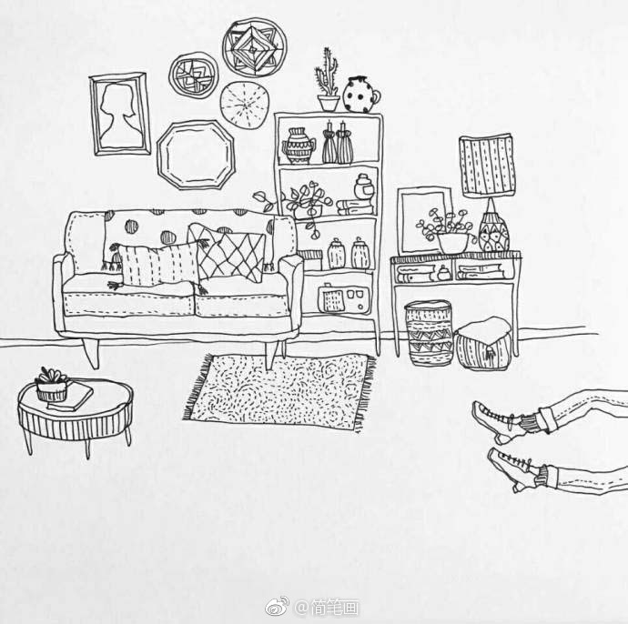 一组手绘场景线描画