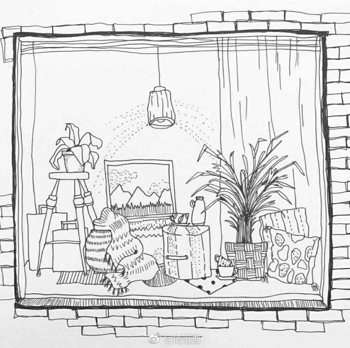 一组手绘场景线描画