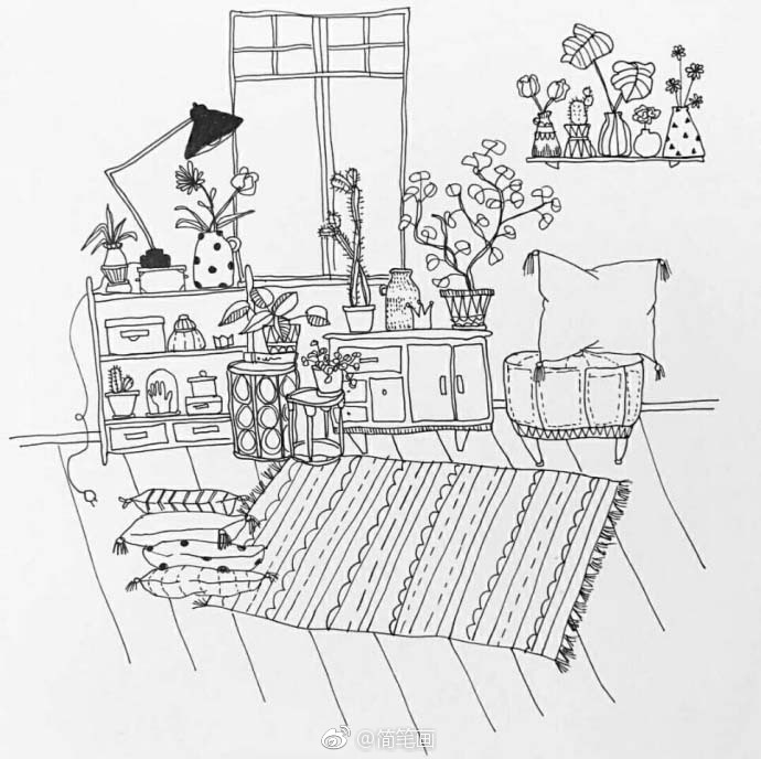 一组手绘场景线描画