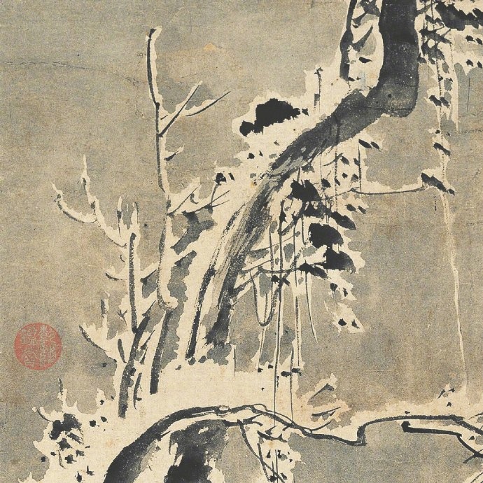 明·吕纪《寒雪山鸡图》轴,纸本,135.3×47.