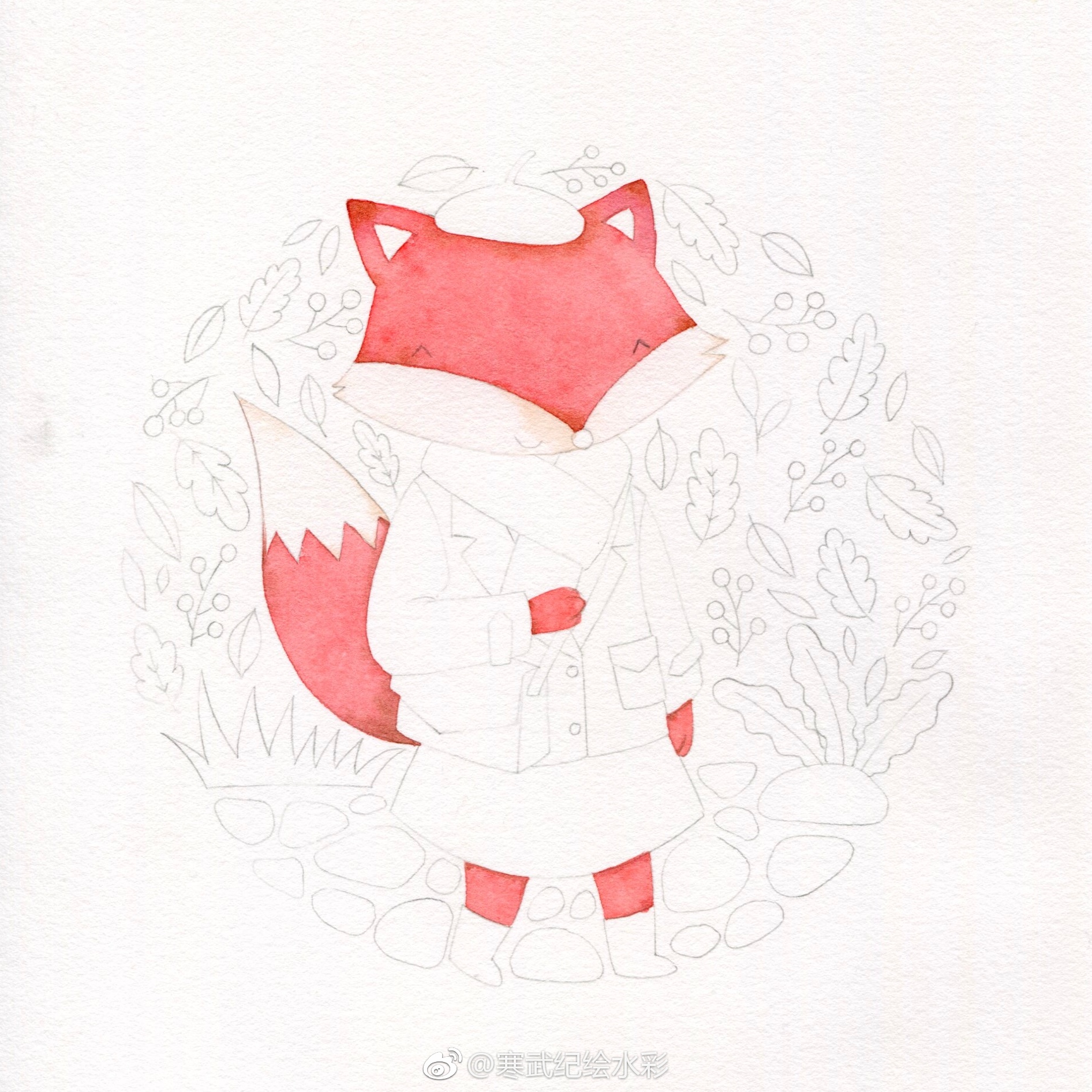 一只小狐狸水彩过程67作者