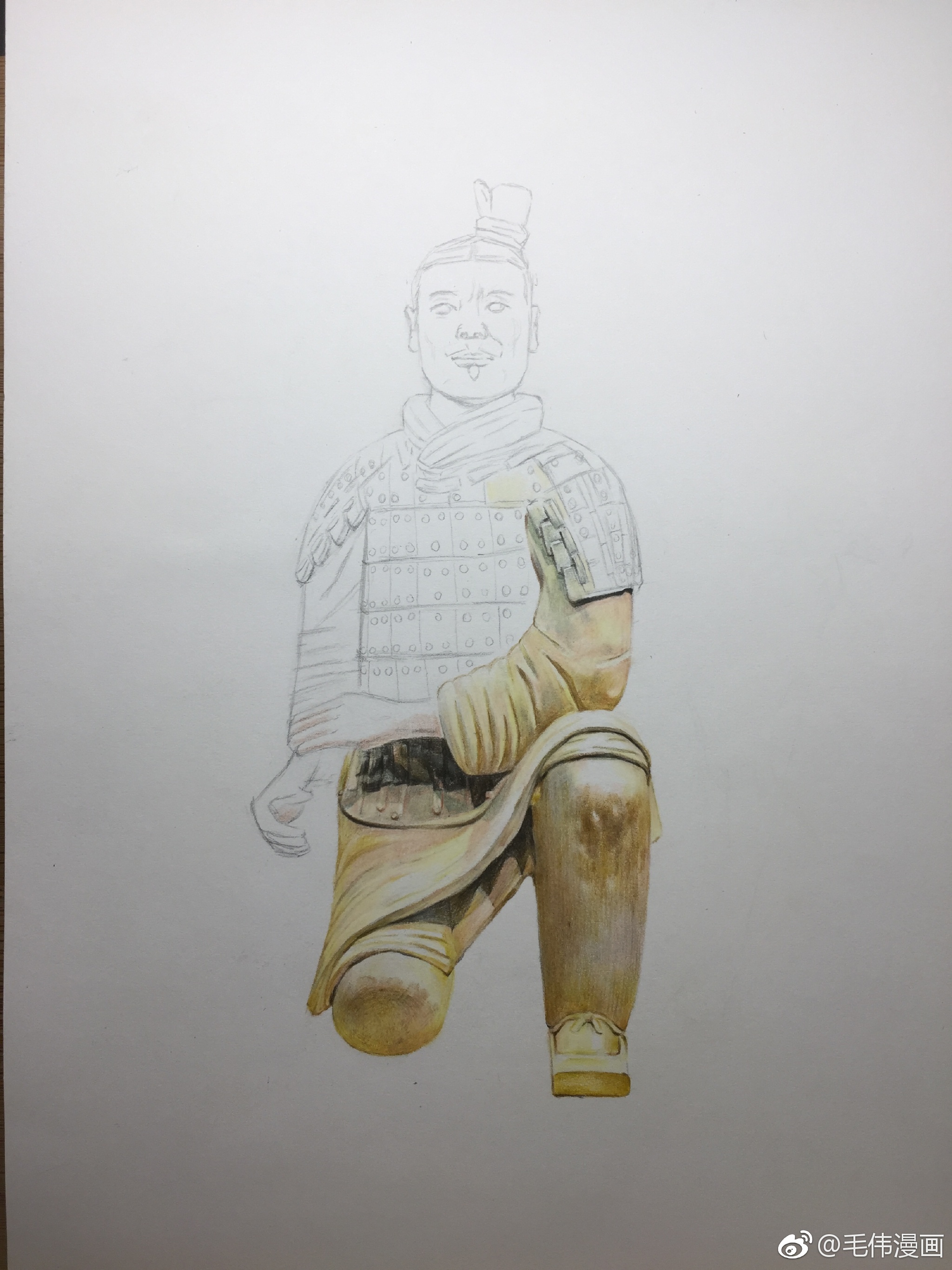 彩铅兵马俑跪射俑画材