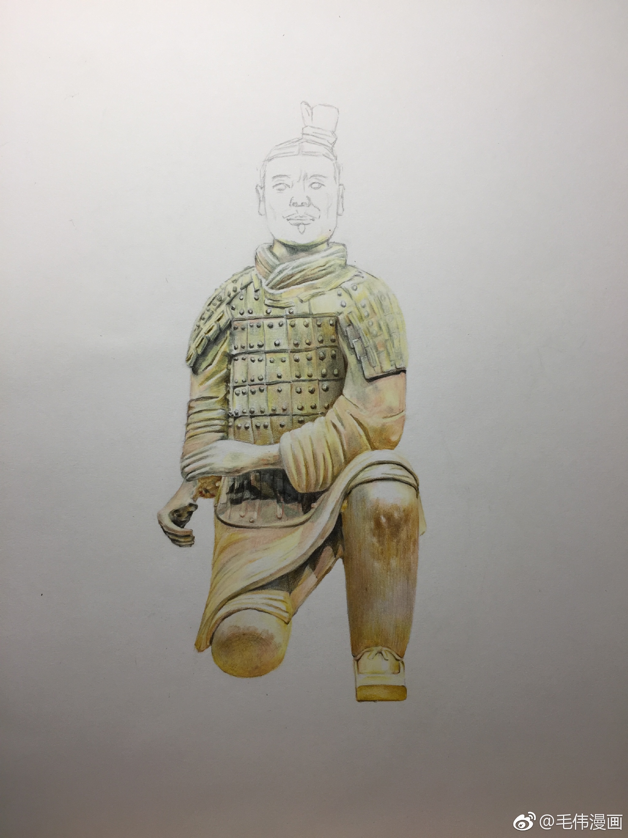 彩铅兵马俑跪射俑画材