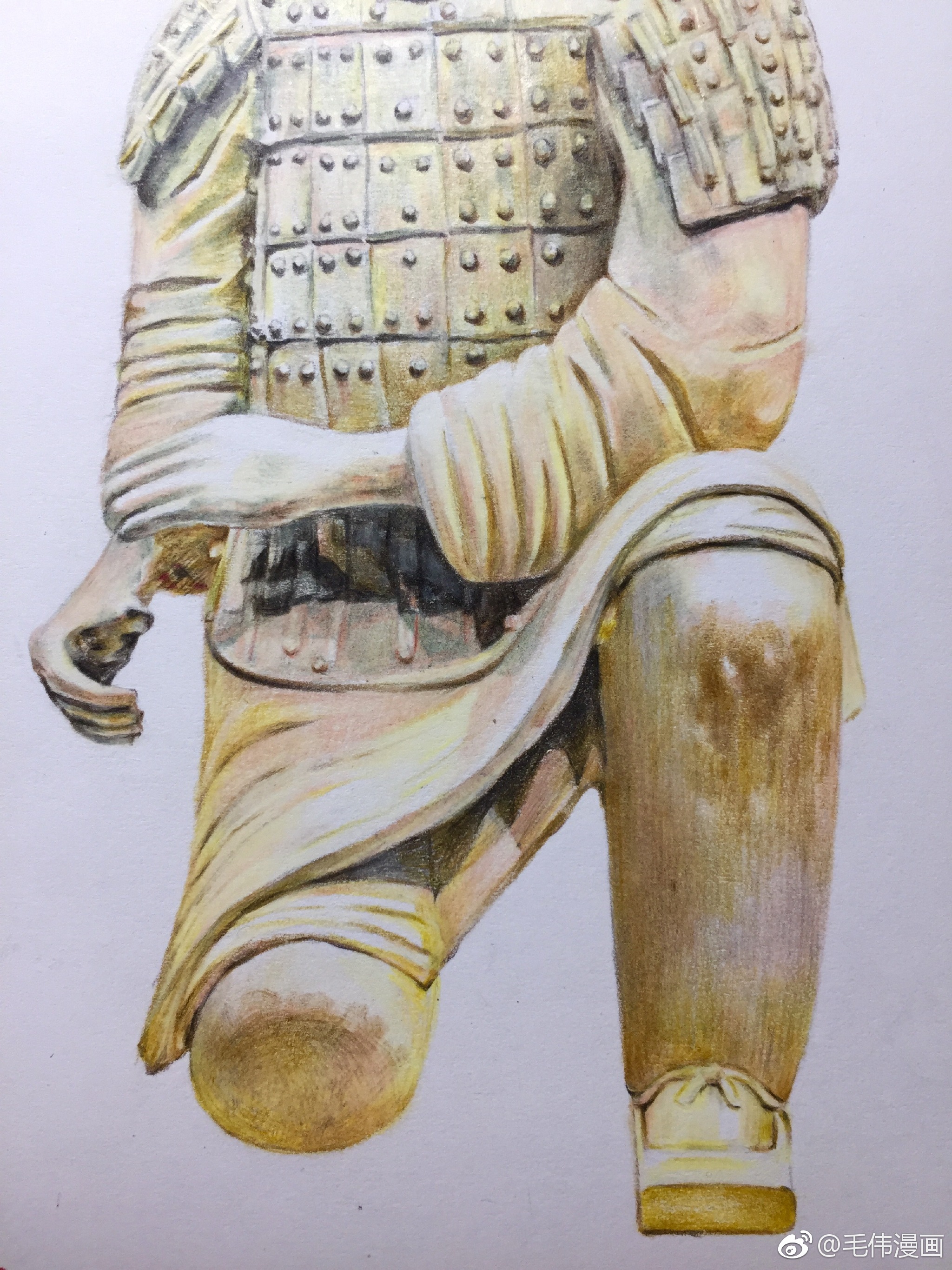 彩铅兵马俑跪射俑画材