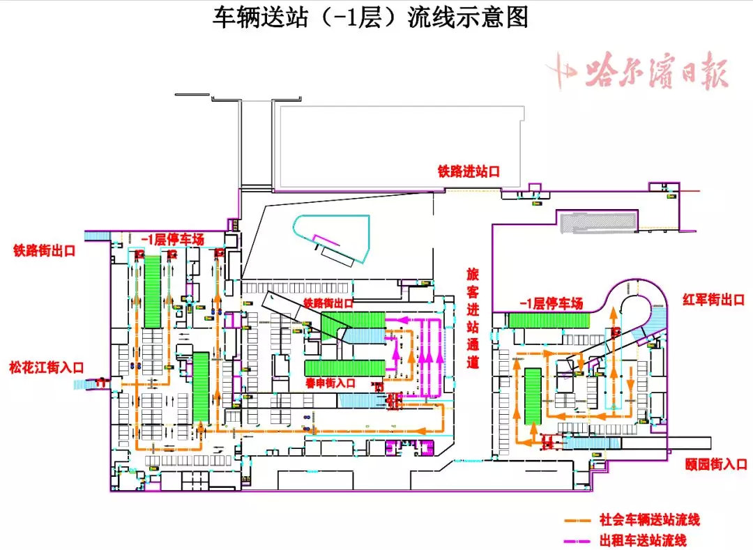 图来了开车进哈站南广场地下停车场这么走↘人行也有图