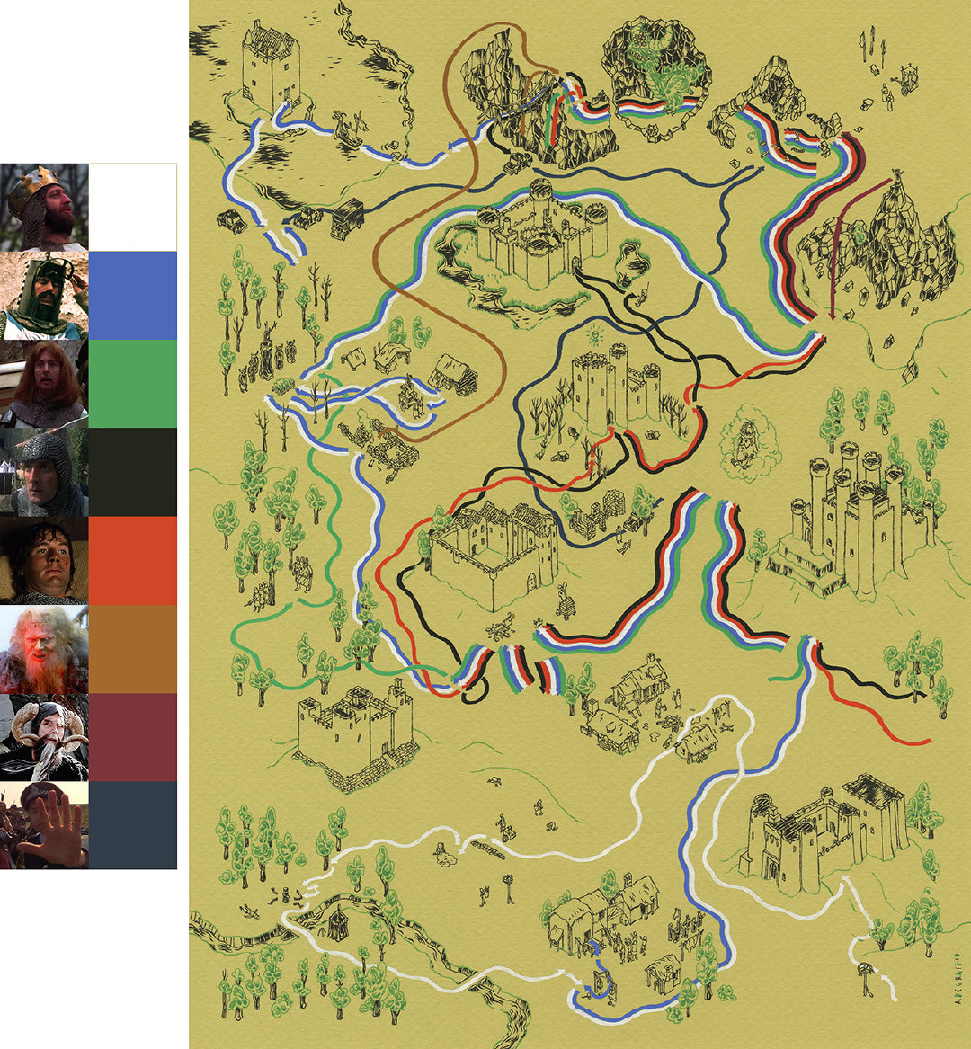 插画家andrew degraff喜欢将小说情节"地图化"——"叙事者的声音往