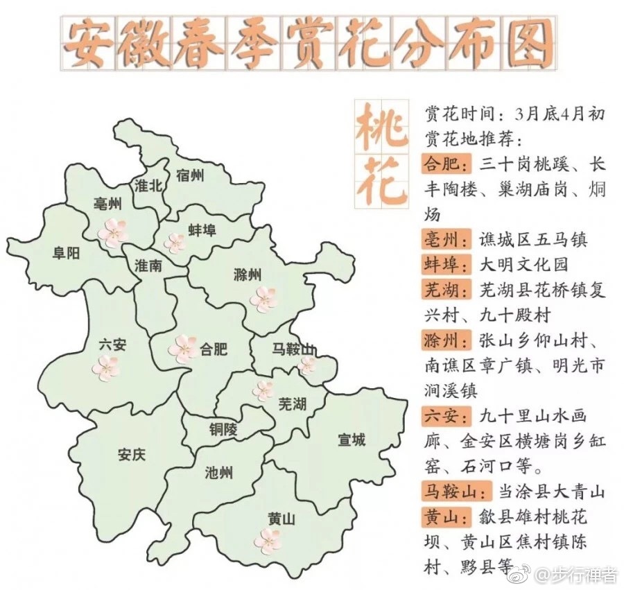 安徽省春季赏花分布图:郁金香、梨花、杏花、桃花、杜鹃花