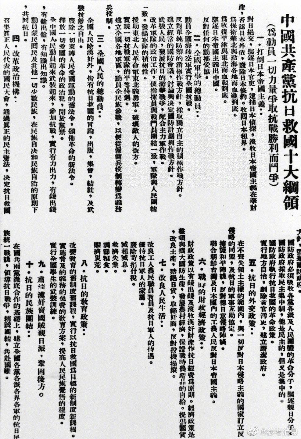 历史上的8月22日抗日救国十大纲领颁布