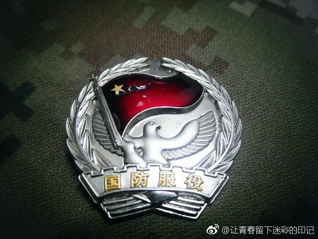 国旗(武警)或军旗(解放军),橄榄枝,长城,国防服役字样组成胸章,这便是