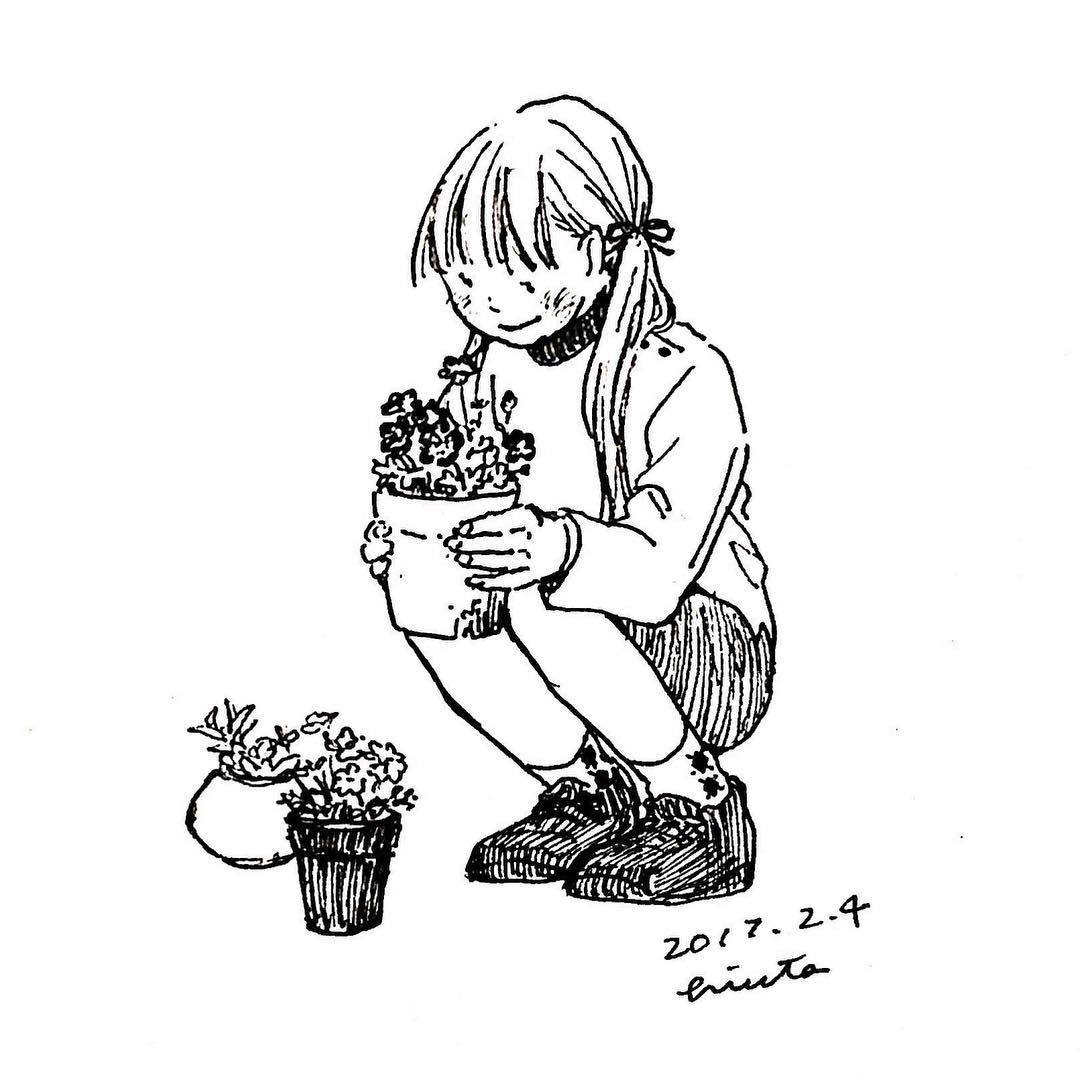 Hiuta Saku笔下的中性笔速写随笔画可爱的线条简单的画面每一副画都