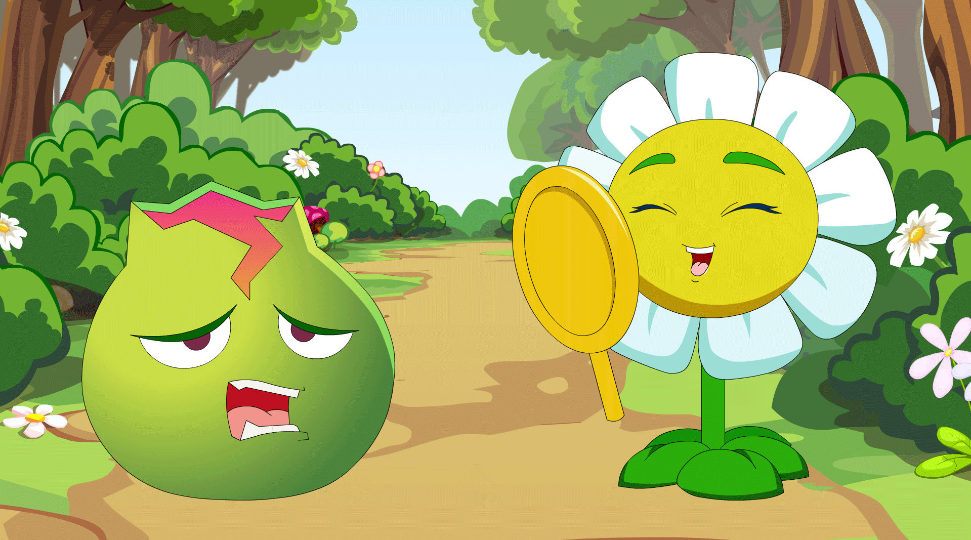 出去玩的岩浆番石榴遇到了站在路边的金盏花一番交谈之后