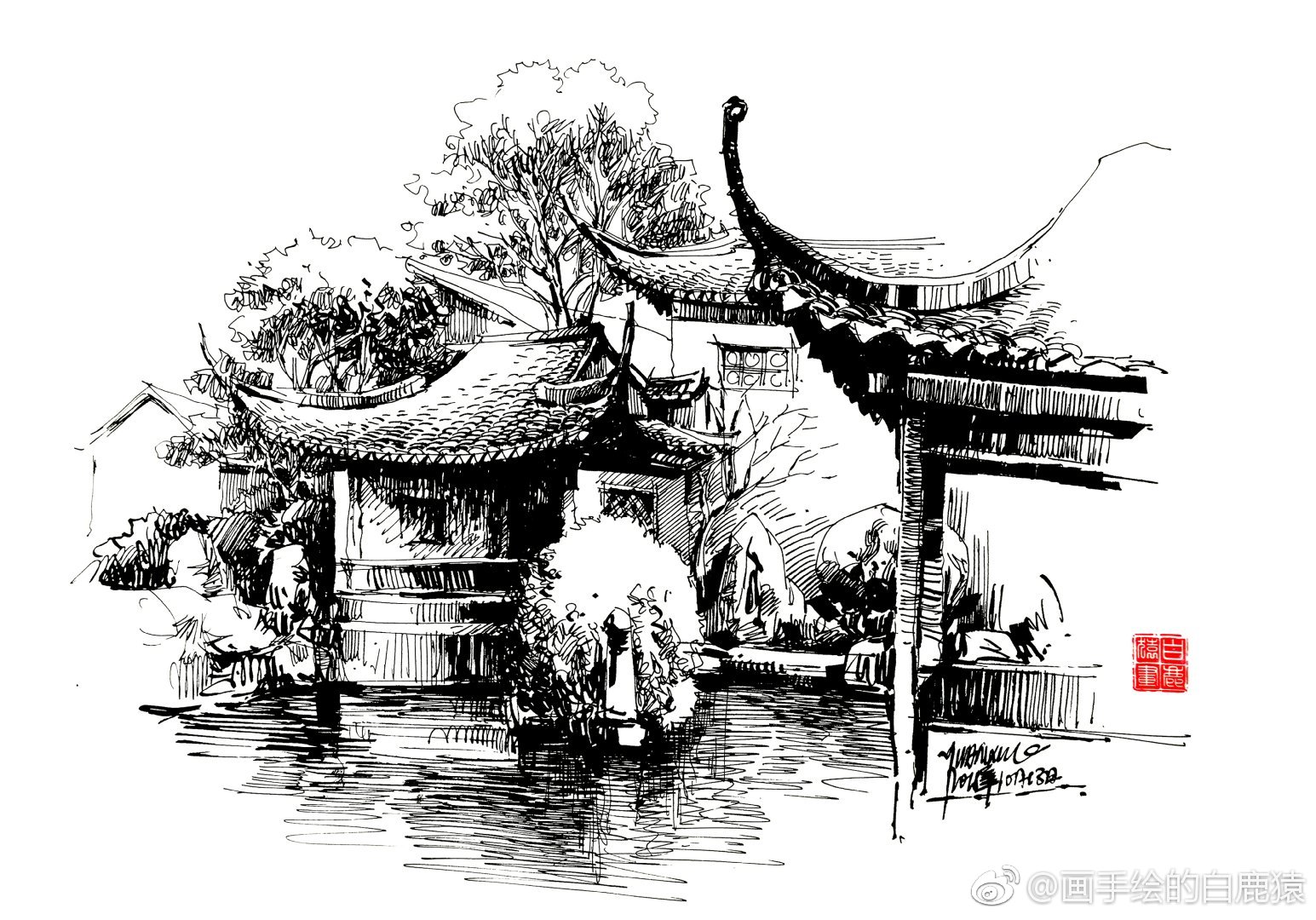 古朴的中式建筑钢笔画@手绘插画教程 @手绘时光集