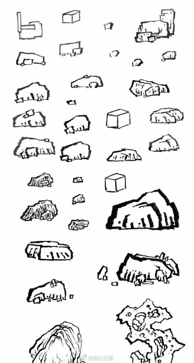 传统绘画表达,中国画中的山石勾勒 .