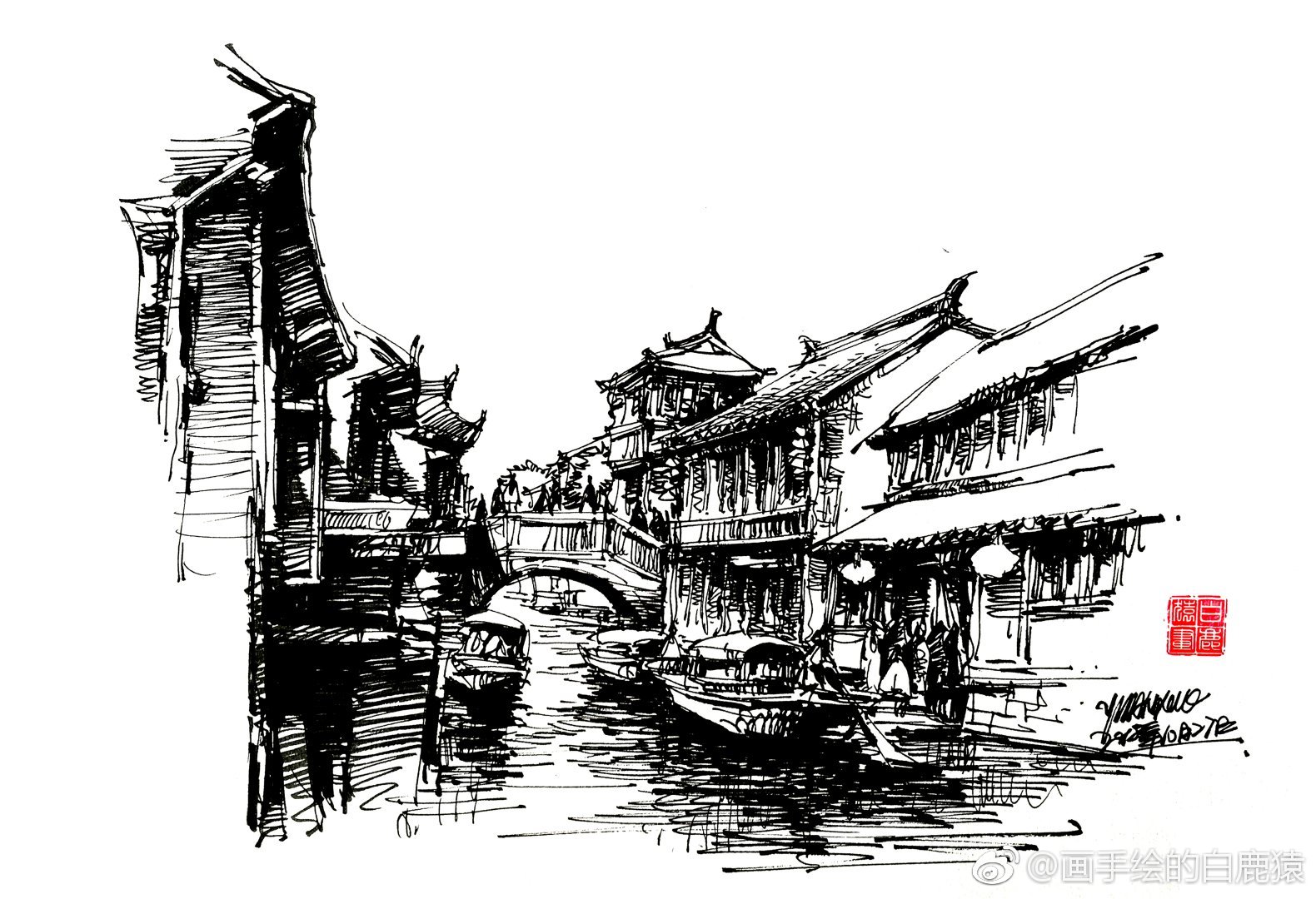 古朴的中式建筑钢笔画@手绘插画教程 @手绘时光集