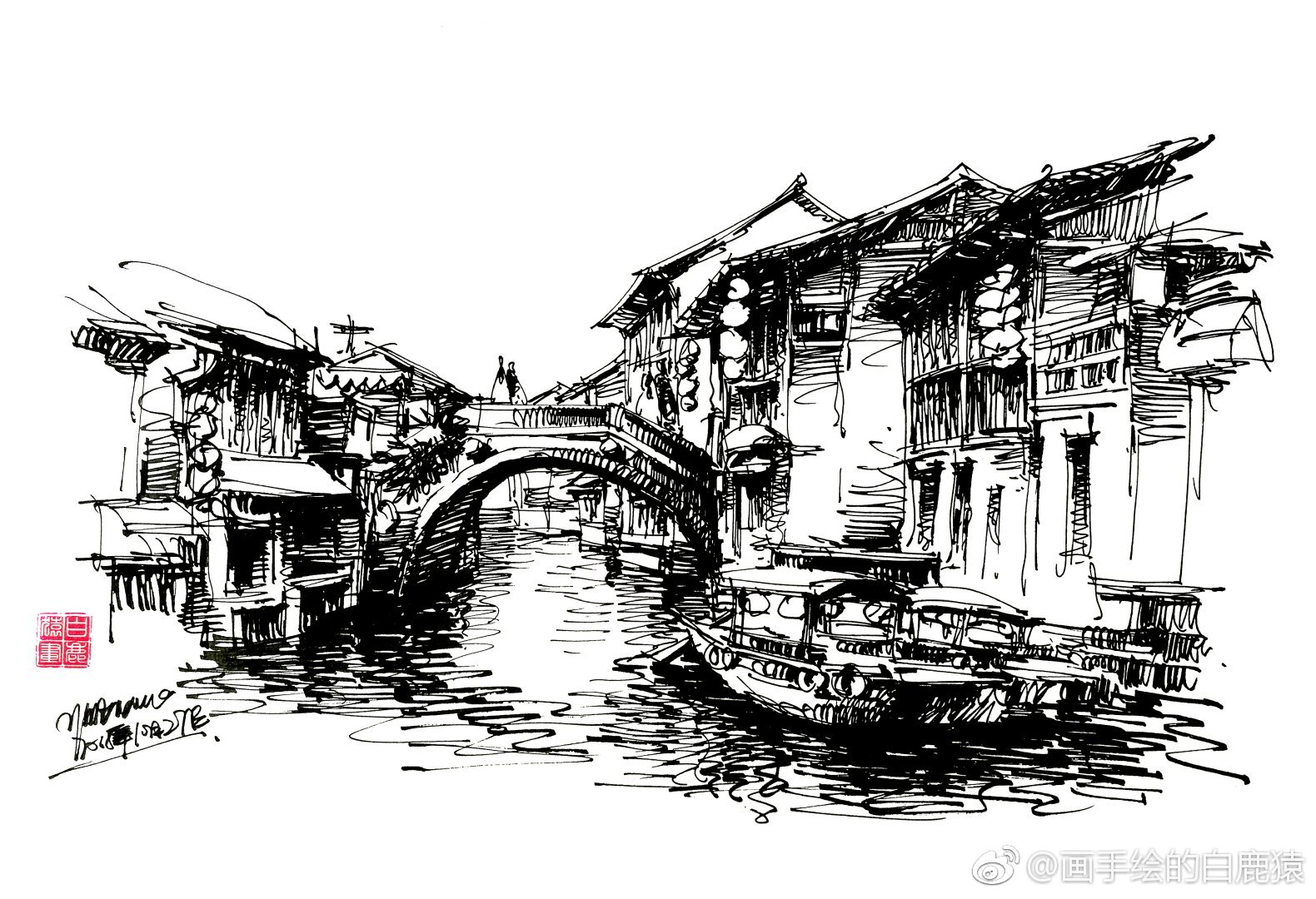 古朴的中式建筑钢笔画@手绘插画教程 @手绘时光集