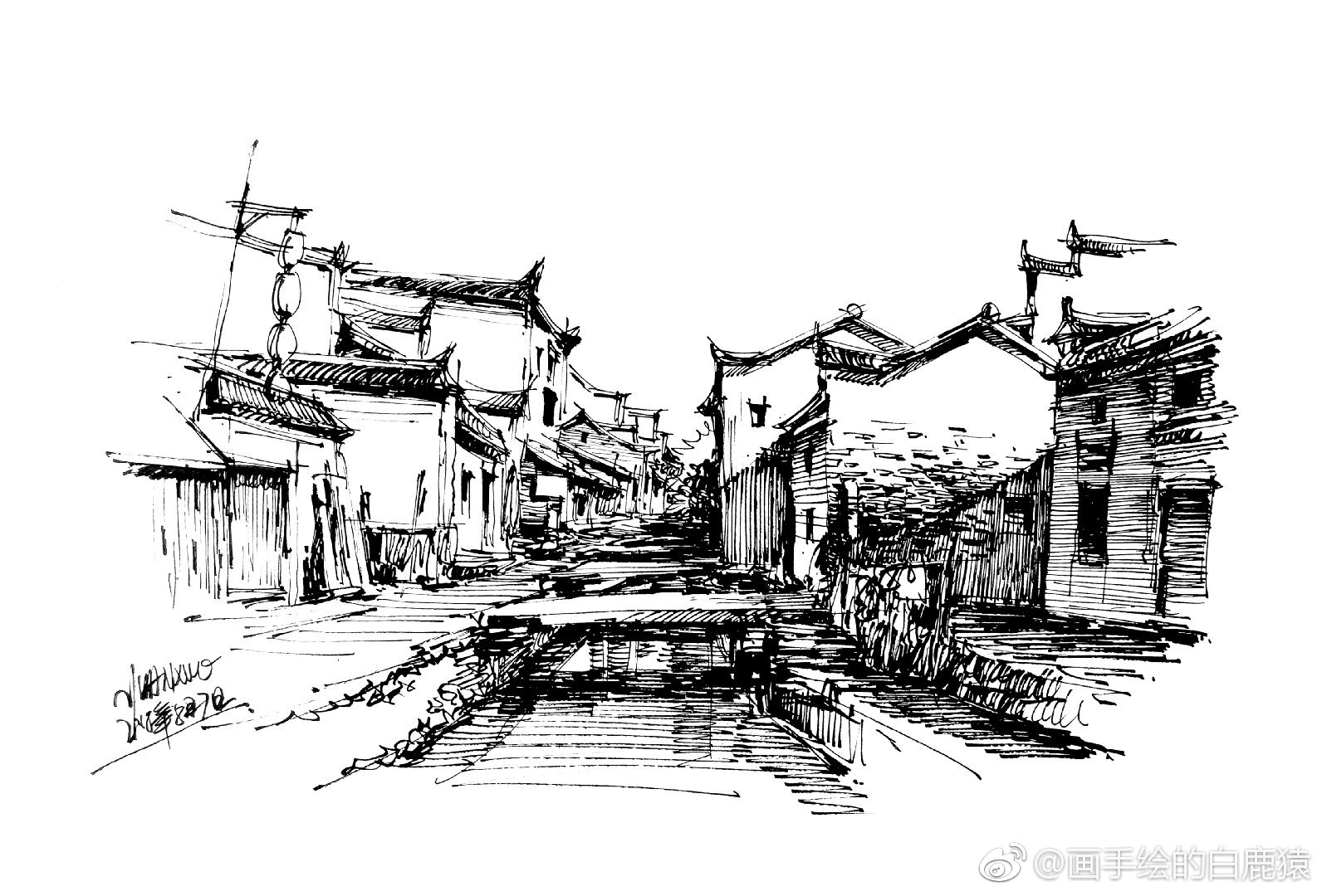 古朴的中式建筑钢笔画@手绘插画教程 @手绘时光集