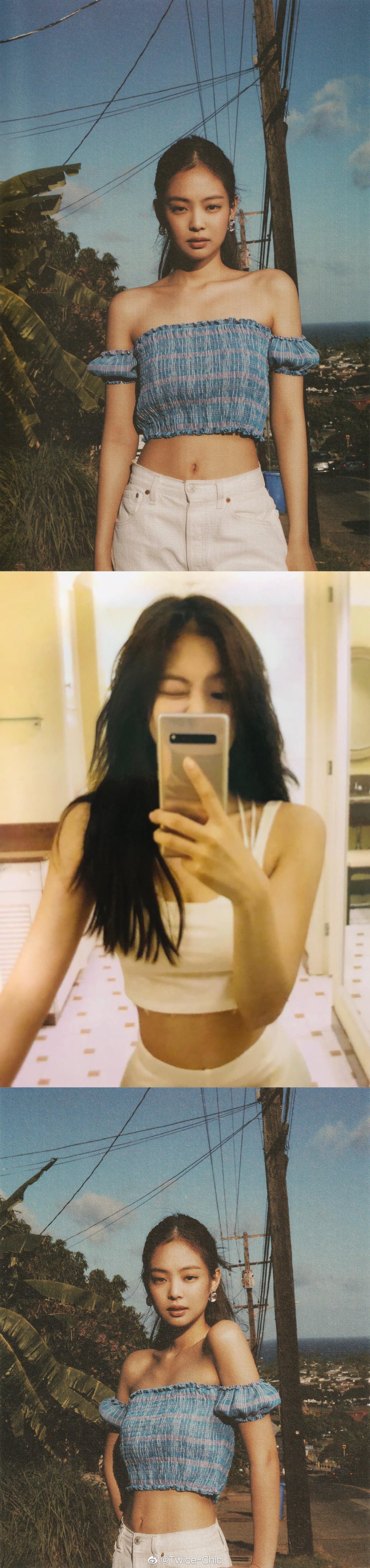 jennie小妮在夏威夷俏皮马尾与温柔卷发印花长裙与白色吊带