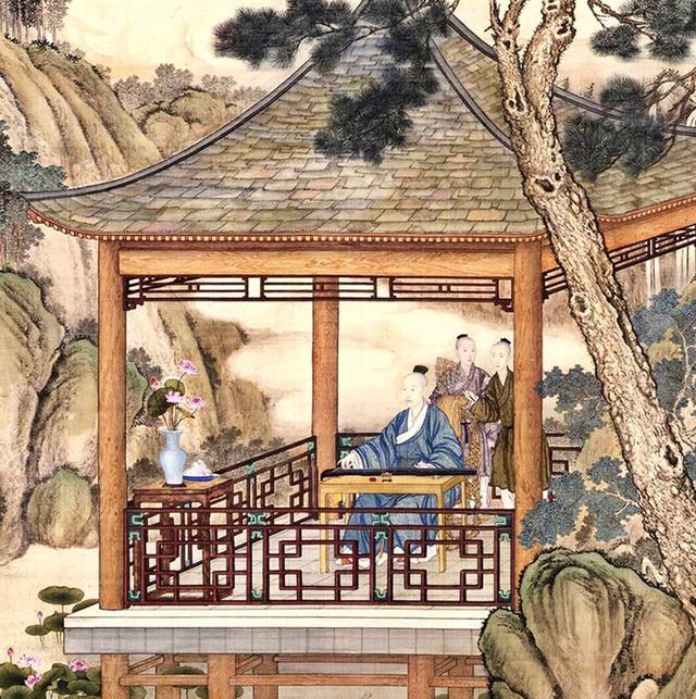 清,郎世宁《弘历观荷抚琴图》
