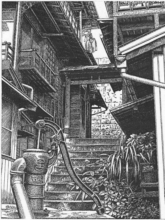 来自日本画家杉山八郎的建筑钢笔画作