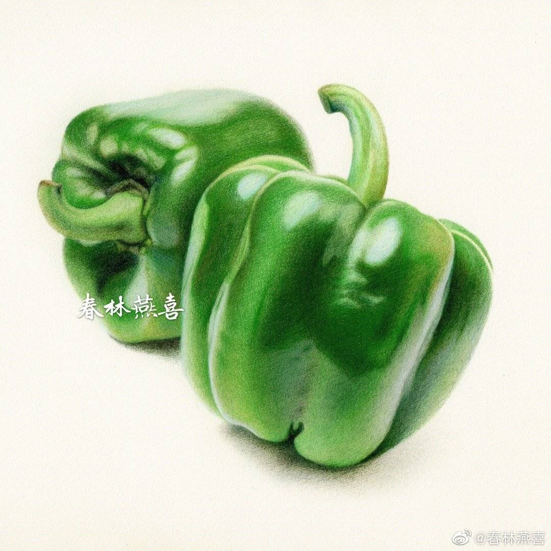 一对青椒画好了,辉柏嘉绿盒油性彩铅获多福细纹水彩纸@春林燕喜