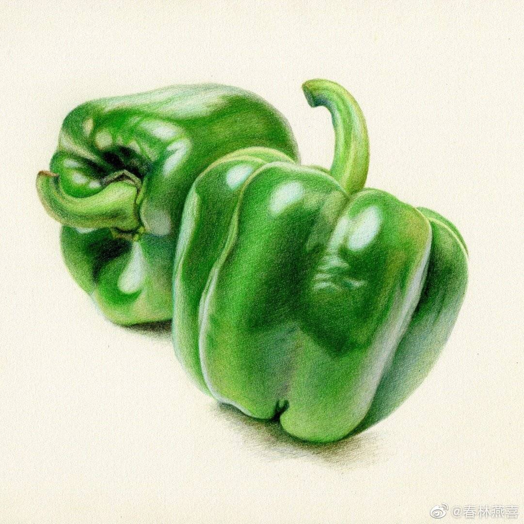 一对青椒画好了,辉柏嘉绿盒油性彩铅获多福细纹水彩纸@春林燕喜