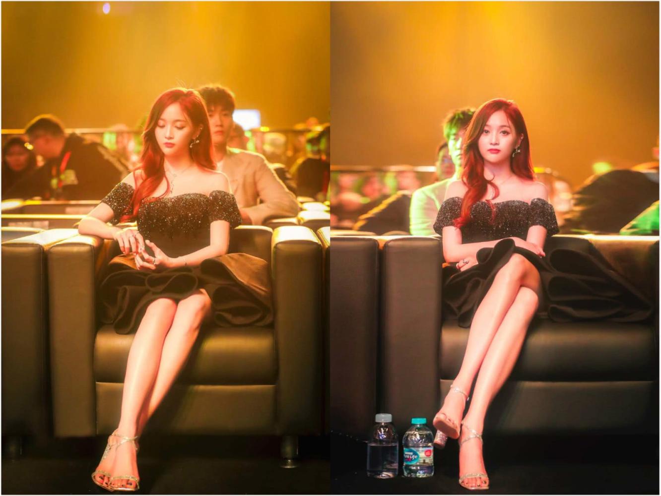 吴宣仪穿一字肩连衣裙,坐姿优雅大秀"香肠腿",网友:指甲真黑