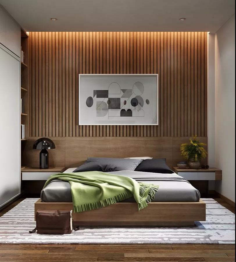 早?早安!木质卧室背景墙一组,温润的木色助眠效果极佳!