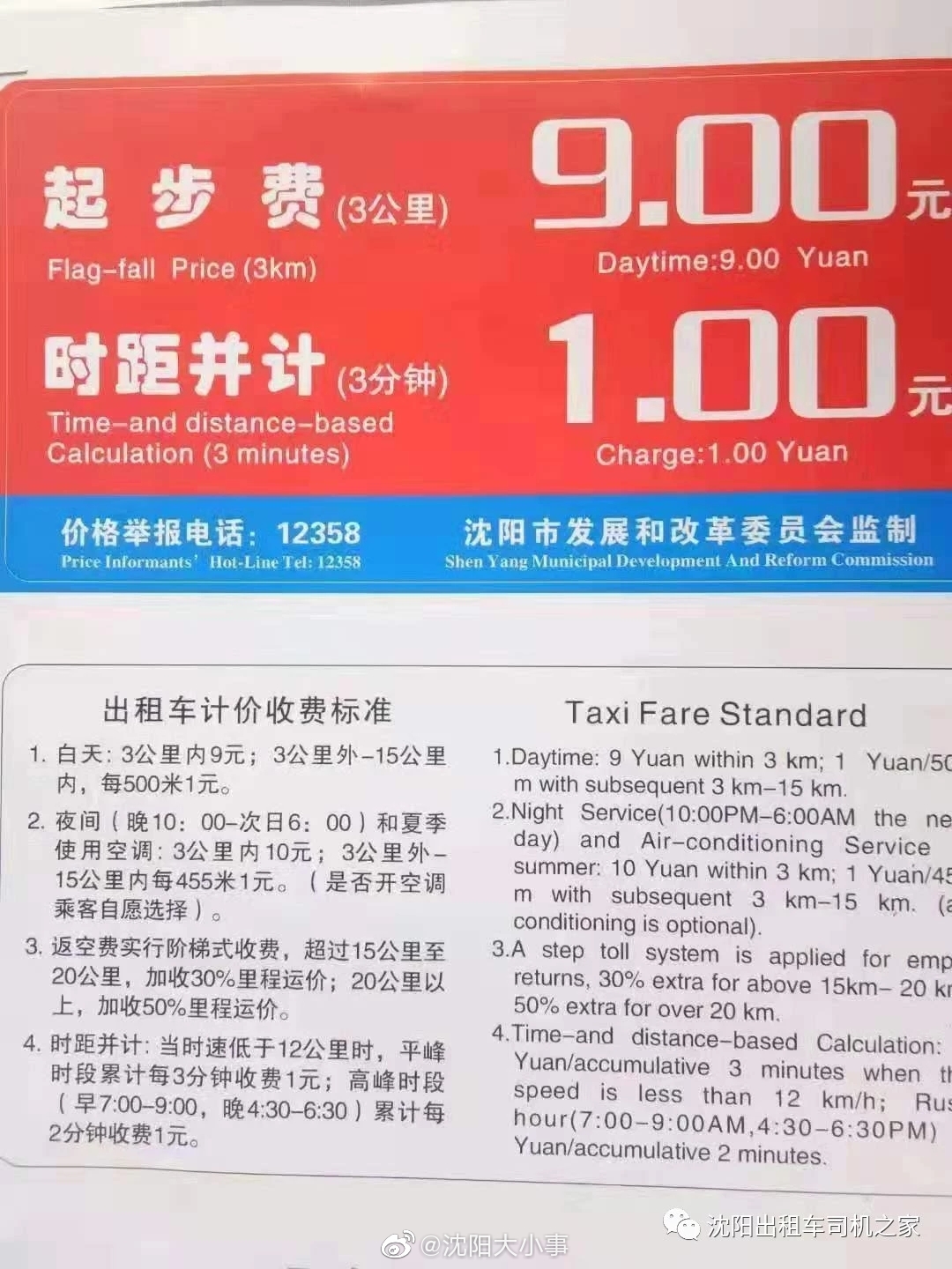 沈阳市出租车计价器11月1日起开始调整!