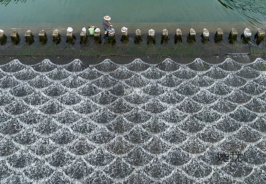 水泥浇筑的矴步,蜿蜒曲折的叠式堰坝,就像龙鳞一样