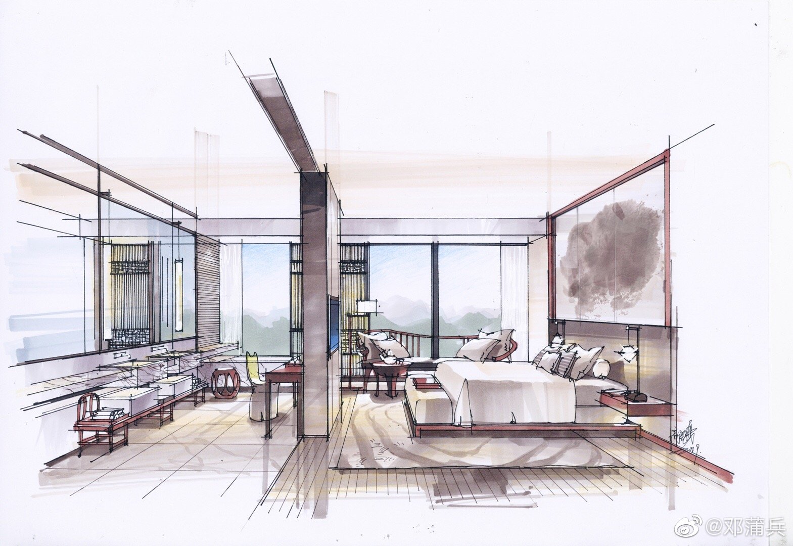 一组手绘空间马克笔表现欣赏庐山特训营高翌崴老师