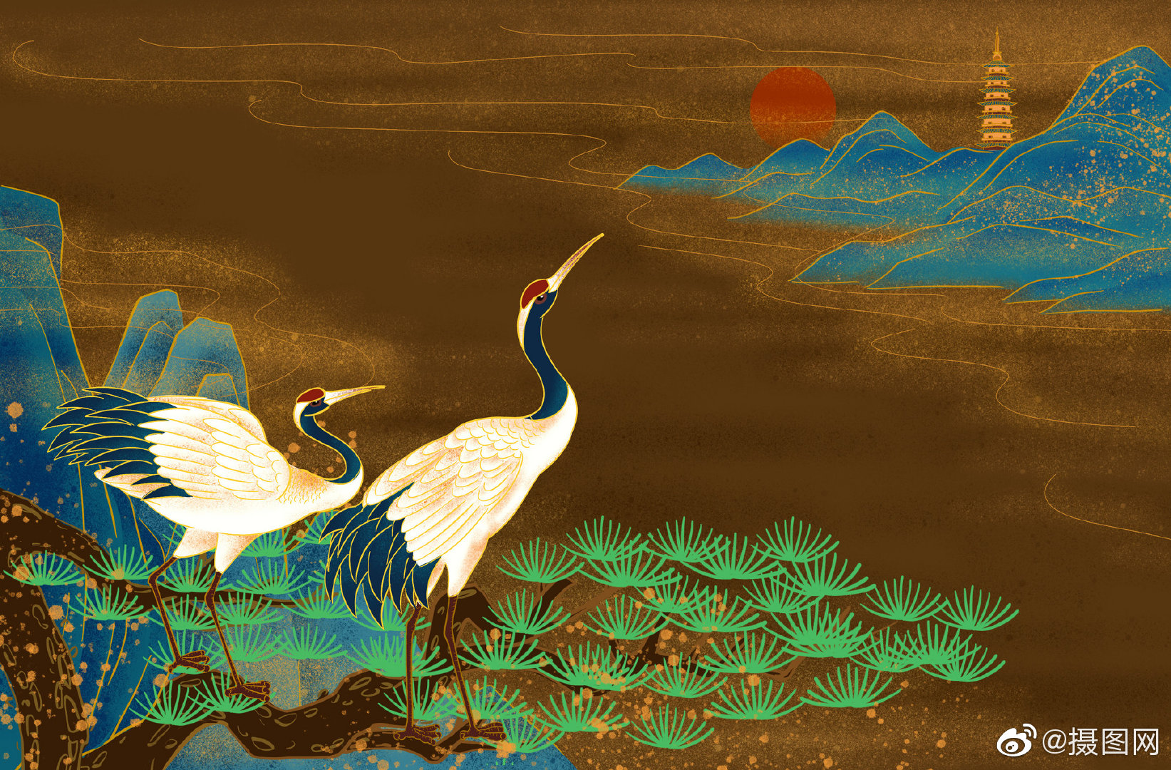 中国风烫金创意插画分享 锦鲤,龙凤,仙鹤……绚丽色彩下的独特中国