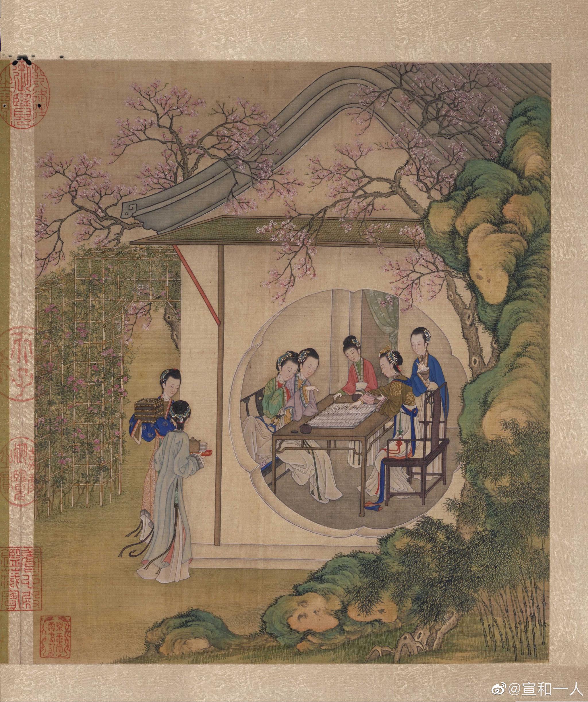 清代陈枚的闲亭对弈,画中有两人对垒,三人观棋