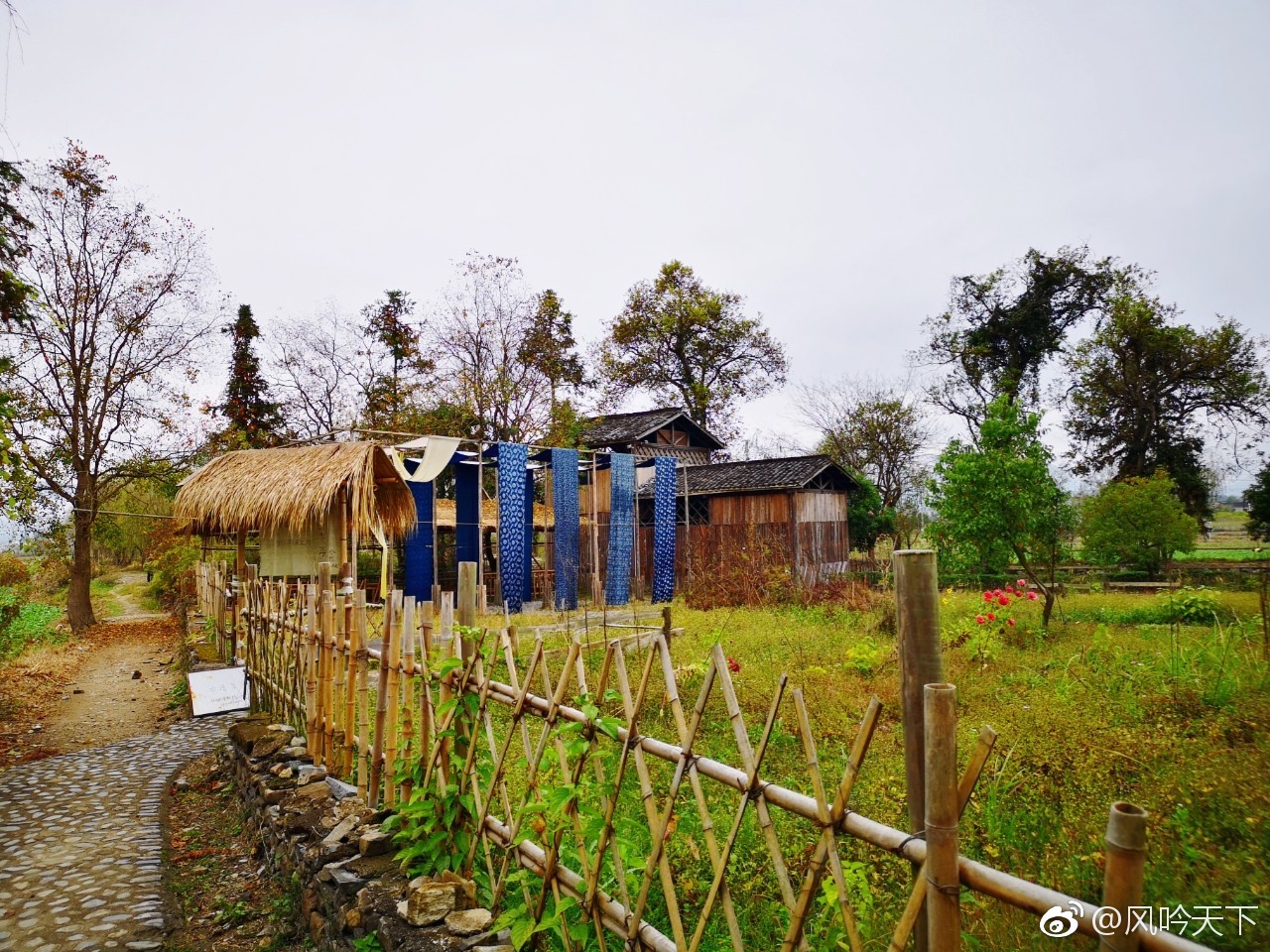 竹草的篱笆院,飘扬的染布,一份恬静安宁的田园生活.