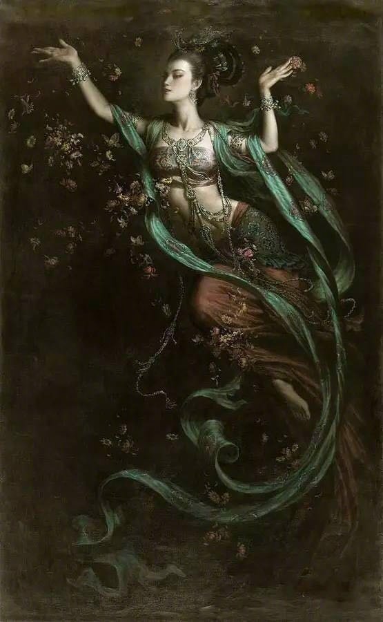 素手把芙蓉,虚步蹑太清霓裳曳广带,飘拂升天行敦煌飞天壁画是印度文化