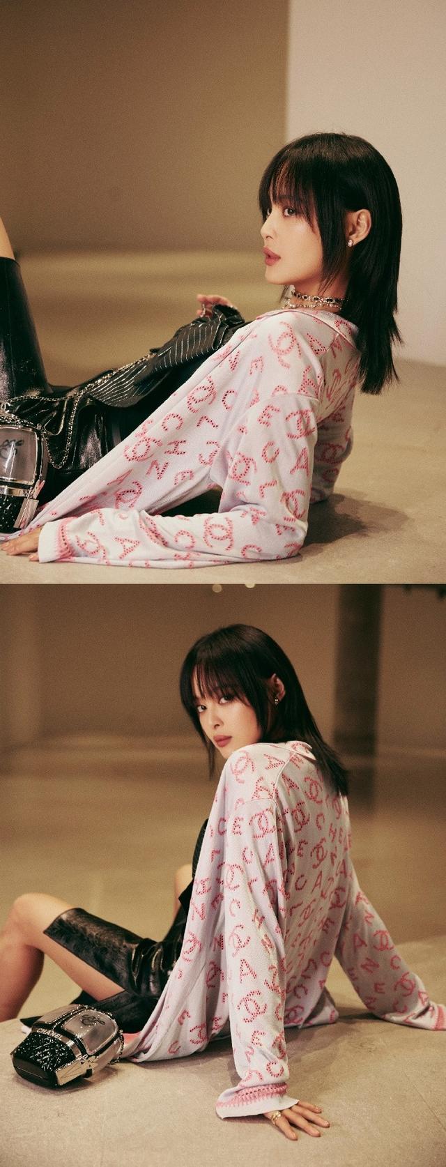 辛芷蕾为凹造型拼了,粉嫩睡衣配44200皮短裤,摆起pose有点尴尬