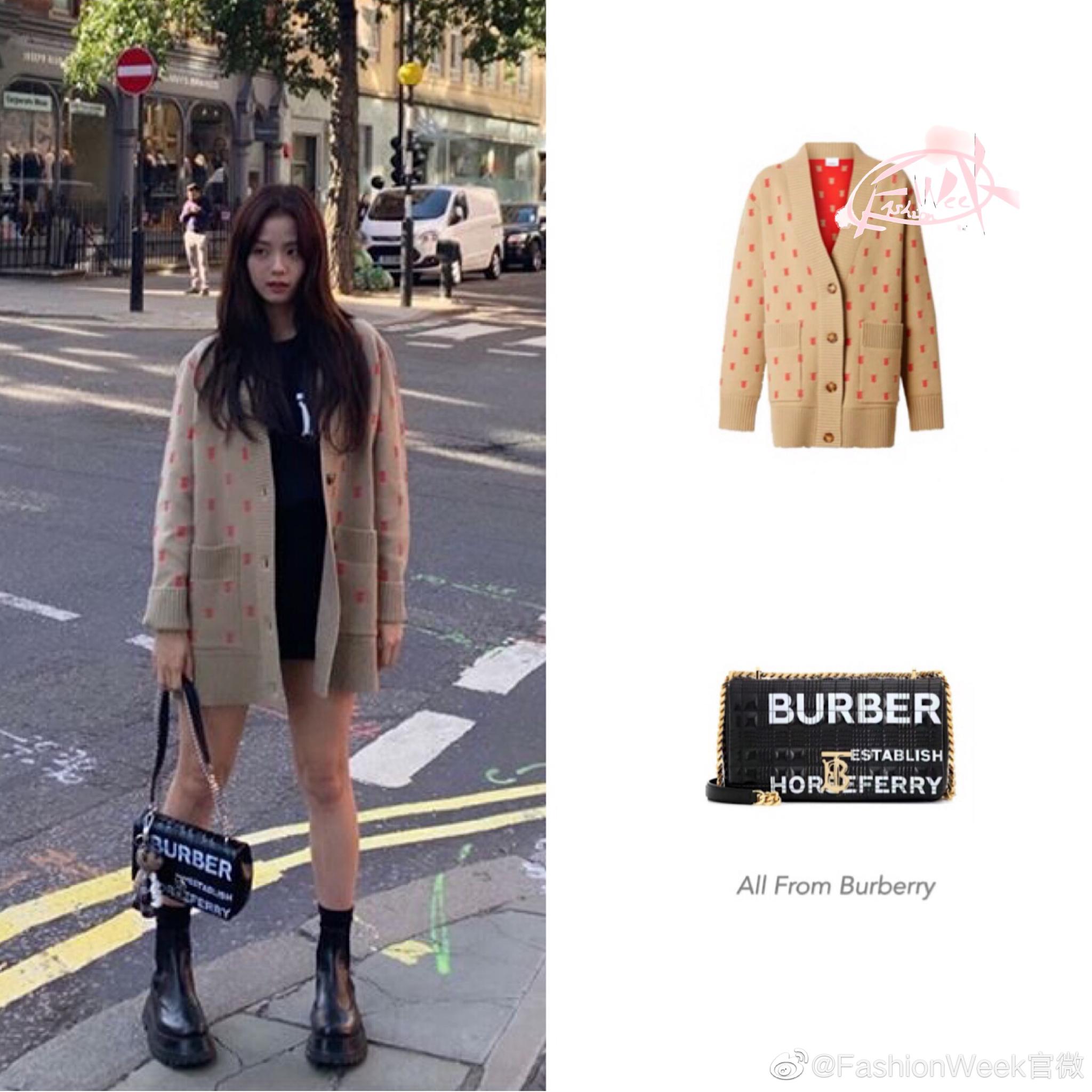 金智秀jisoo伦敦街头私服照奶茶色开衫的优雅burberrygirl