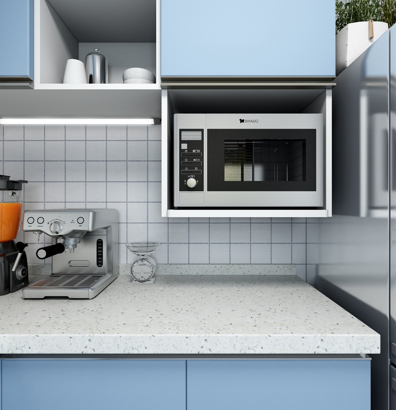 开放格设计,容纳微波炉,电烤箱等常用电器,方便快捷,还能减少灰灰