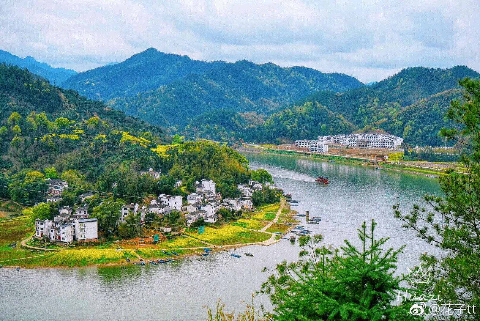 春天的新安江山水画廊,粉墙黛瓦,十里黄花映照着徽派民居